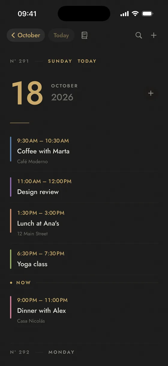 Marrow Calendar: one day's agenda, in the Black theme.
