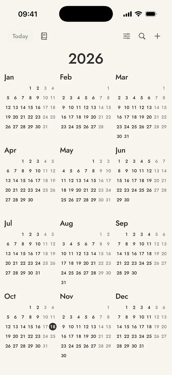 Marrow Calendar: the year view, in the Ivory theme.