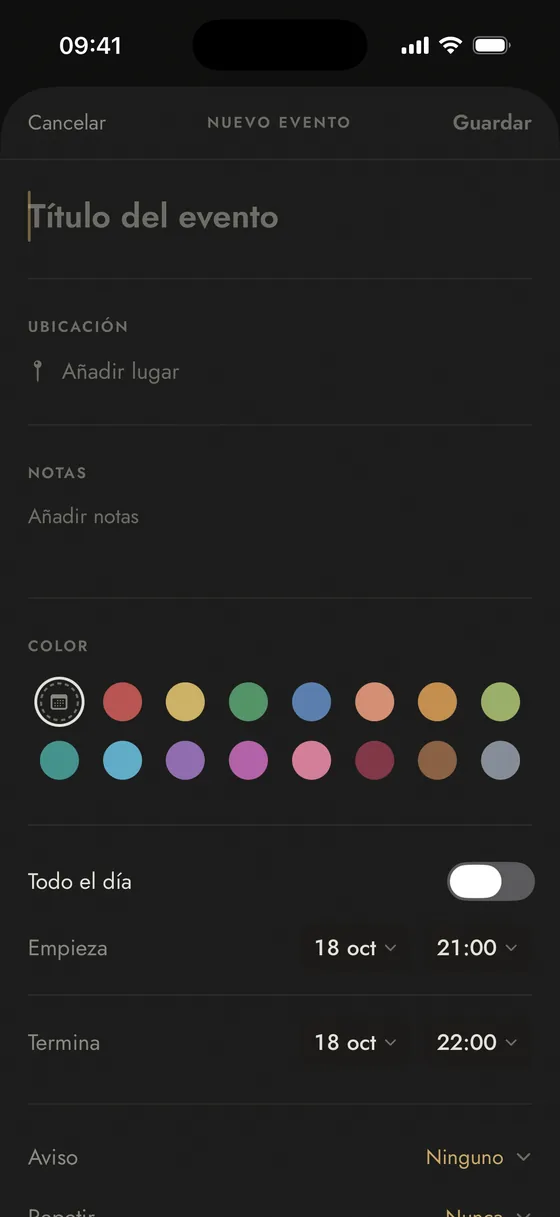 El editor de eventos de Marrow, con la paleta de colores.
