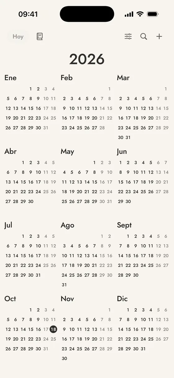 Marrow Calendar: la vista de año, en el tema Marfil.